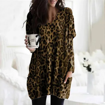 Moterų Rudens ir Žiemos ilgos, T-marškinėliai, leopardo spalvos ilgomis rankovėmis atsitiktinis kišenėje Moterų drabužiai