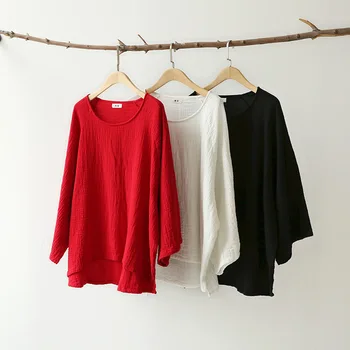 Iki 2017 m. Pavasario Rudens plius dydis marškinėliai moterims palaidinės ilgomis rankovėmis prarasti medvilnės, lino palaidinė viršūnes juoda raudona marškinėliai didelis dydis blusas