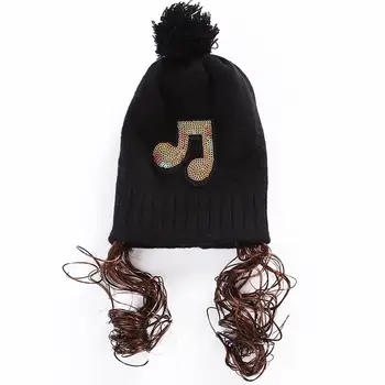 Kūdikio kepurė žiemos perukas mezgimo Vilnos Muzikos Blizgančiais Kūdikių Žiemos Skrybėlę, Mezgimo Šiltos Kepurės Netikrą Plaukų Vaikams Mergaitėms Skullies Beanies