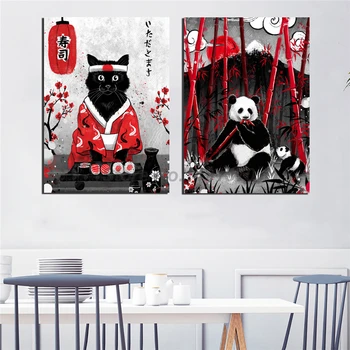 Japonų Meno Panda pietūs Plakatas Suši Katė Paveikslų Japonų Geiša Ant Drobės Šiuolaikinio Meno Dekoratyvinės Sienų Nuotraukas, Namų Dekoro
