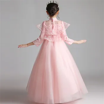 Korėjos Saldus Vaikų Mergaičių Elegantiška Rožinės Spalvos Vestuvių, Gimtadienio Vakarėlio Princesė Purus Suknelė Vaikai Rudenį Priimančiosios Fortepijonas Ilga Suknelė