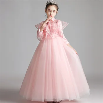 Korėjos Saldus Vaikų Mergaičių Elegantiška Rožinės Spalvos Vestuvių, Gimtadienio Vakarėlio Princesė Purus Suknelė Vaikai Rudenį Priimančiosios Fortepijonas Ilga Suknelė