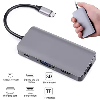 USB3.0*2 hub 9-port C TIPO stebulės SD/TF kortelių skaitytuvas USB-C-HDMI suderinamus/Card reader/RJ45/PD adapteris, Skirtas MacBook/Huawei
