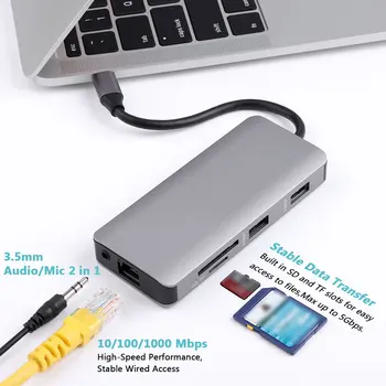 USB3.0*2 hub 9-port C TIPO stebulės SD/TF kortelių skaitytuvas USB-C-HDMI suderinamus/Card reader/RJ45/PD adapteris, Skirtas MacBook/Huawei