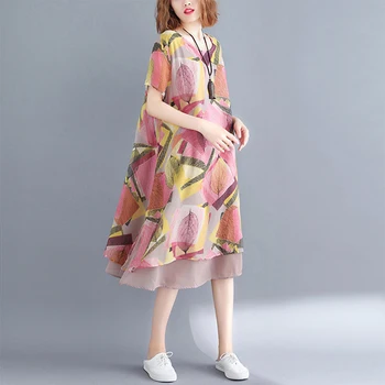 2020 elegantiškas ponios O-kaklo šifono suknelė, vasaros trumpas rankovėmis atspausdintas bohemijos prarasti susiuvimo suknelė, plius dydis 4XL h0020