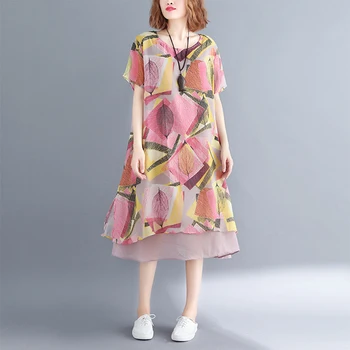 2020 elegantiškas ponios O-kaklo šifono suknelė, vasaros trumpas rankovėmis atspausdintas bohemijos prarasti susiuvimo suknelė, plius dydis 4XL h0020