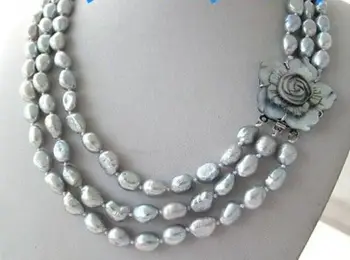 Karšto pardavimo new Style >triple sruogos 10-11mmbaroque sidabro pilkumo perlų vėrinį 17