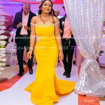 Apakinti Karoliukai Undinė Aukso Geltonos Spalvos Vakarinę Suknelę Chalatas De Soiree 2020 Valtis Kaklo Moterys Ilgai Valyti Traukinių Keltas Suknelės, Šaliai