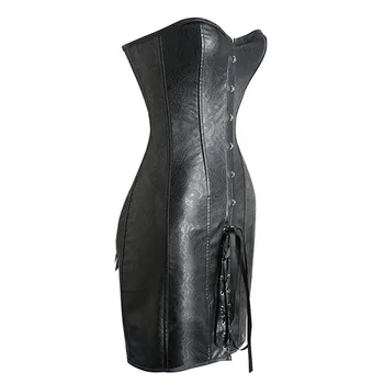 Moterų Viktorijos Gotika Steampunk Korsetas Suknelė Nėrinių Black PU Dirbtiniais Odos Stebėjimo Retro Overbust Bustier Juosmens Korsetas Slim