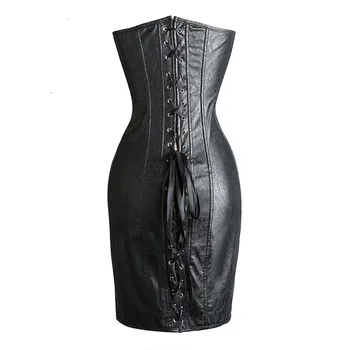 Moterų Viktorijos Gotika Steampunk Korsetas Suknelė Nėrinių Black PU Dirbtiniais Odos Stebėjimo Retro Overbust Bustier Juosmens Korsetas Slim