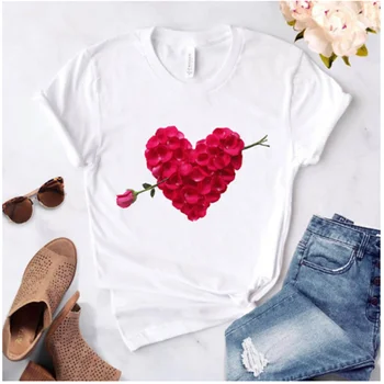 Ponios Pagrindinio Balta O-kaklo marškinėliai trumpomis Rankovėmis Meilės Grafinis Spausdinti Ponios T-shirt AOWOF Ponios Širdies Gėlių Spausdinti marškinėliai