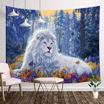 Fantazijos Dekoro Gobelenas Lion Safari Temą Mystic Mėlyna Miško, su Gėlėmis ir Baltos spalvos Laukinių Gyvūnų Sienos Kabo