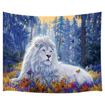 Fantazijos Dekoro Gobelenas Lion Safari Temą Mystic Mėlyna Miško, su Gėlėmis ir Baltos spalvos Laukinių Gyvūnų Sienos Kabo